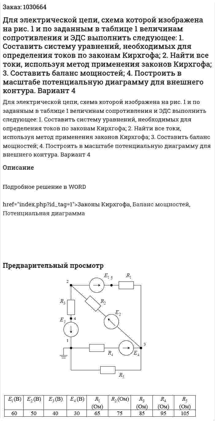 Для электрической цепи, схема которой изображена на рис. 1 и по заданным в таблице 1 величинам сопротивления и ЭДС выполнить следующее: 1.	Составить систему уравнений, необходимых для определения токов по законам Кирхгофа; 2.	Найти все токи, используя метод применения законов Кирхгофа; 3.	Составить баланс мощностей; 4.	Построить в масштабе потенциальную диаграмму для внешнего контура.  Вариант 4 
