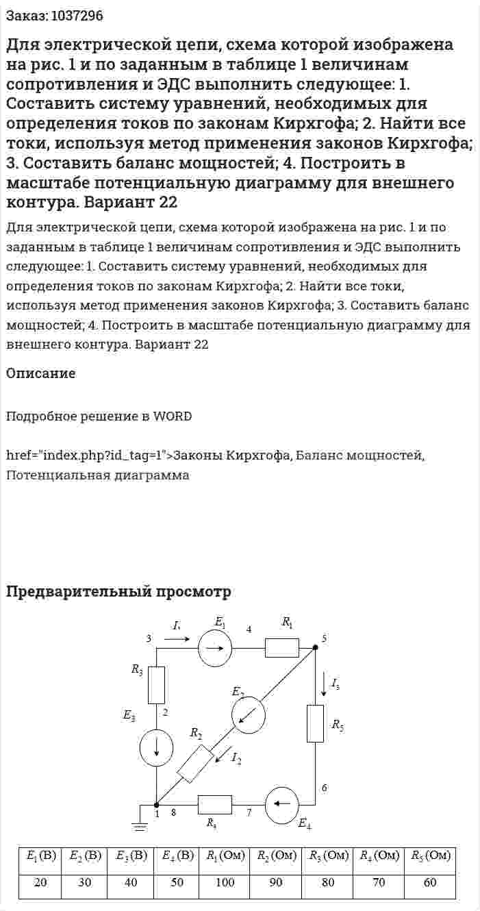 Для электрической цепи, схема которой изображена на рис. 1 и по заданным в таблице 1 величинам сопротивления и ЭДС выполнить следующее: 1.	Составить систему уравнений, необходимых для определения токов по законам Кирхгофа; 2.	Найти все токи, используя метод применения законов Кирхгофа; 3.	Составить баланс мощностей; 4.	Построить в масштабе потенциальную диаграмму для внешнего контура.  Вариант 22 