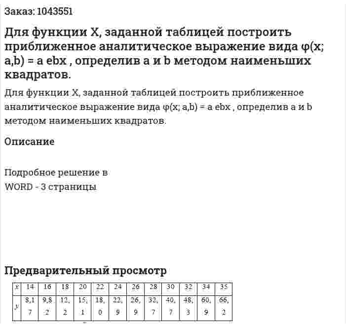 Для функции Х, заданной таблицей построить приближенное аналитическое выражение вида φ(x; a,b) = a ebx , определив а и b методом наименьших квадратов. 