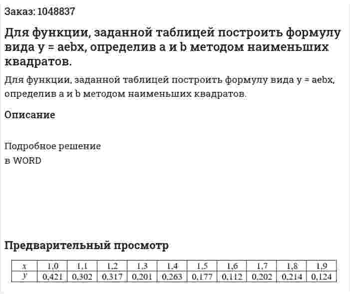 Для функции, заданной таблицей построить формулу вида  y = aebx, определив  a и b методом наименьших квадратов. 