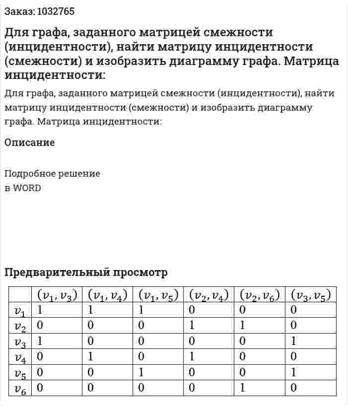 Для графа, заданного матрицей смежности (инцидентности), найти матрицу инцидентности (смежности) и изобразить диаграмму графа. Матрица инцидентности: 