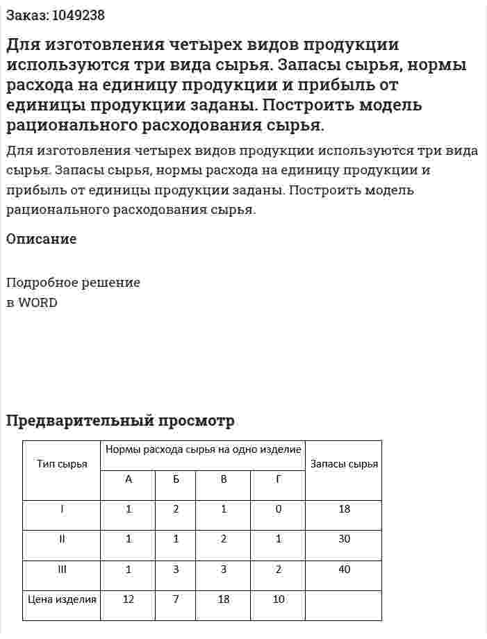 Для изготовления четырех видов продукции используются три вида сырья. Запасы сырья, нормы расхода на единицу продукции и прибыль от единицы продукции заданы. Построить модель рационального расходования сырья. 