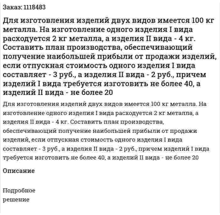 Для изготовления изделий двух видов имеется 100 кг металла. На изготовление одного изделия I вида расходуется 2 кг металла, а изделия II вида - 4 кг. Составить план производства, обеспечивающий получение наибольшей прибыли от продажи изделий, если отпускная стоимость одного изделия I вида составляет - 3 руб., а изделия II вида - 2 руб., причем изделий I вида требуется изготовить не более 40, а изделий II вида - не более 20 