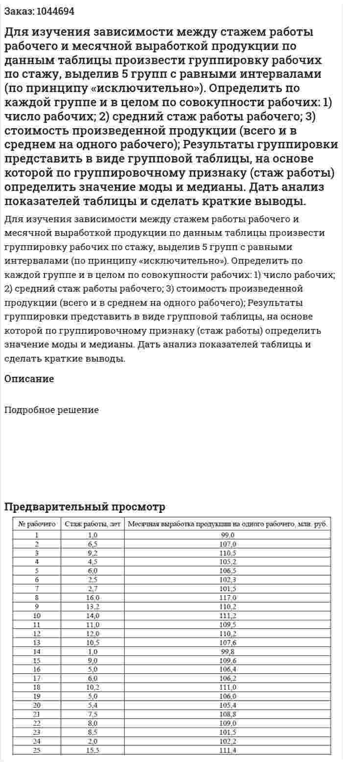 Для изучения зависимости между стажем работы рабочего и месячной выработкой продукции по данным таблицы произвести группировку рабочих по стажу, выделив 5 групп с равными интервалами (по принципу «исключительно»). Определить по каждой группе и в целом по совокупности рабочих: 1) число рабочих; 2) средний стаж работы рабочего; 3) стоимость произведенной продукции (всего и в среднем на одного рабочего); Результаты группировки представить в виде групповой таблицы, на основе которой по группировочному признаку (стаж работы) определить значение моды и медианы. Дать анализ показателей таблицы и сделать краткие выводы. 