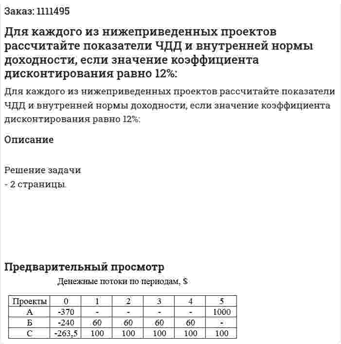 Для каждого из нижеприведенных проектов рассчитайте показатели ЧДД и внутренней нормы доходности, если значение коэффициента дисконтирования равно 12%: 
