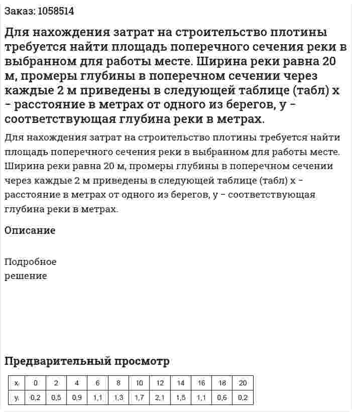 Для нахождения затрат на строительство плотины требуется найти площадь поперечного сечения реки в выбранном для работы месте. Ширина реки равна 20 м, промеры глубины в поперечном сечении через каждые 2 м приведены в следующей таблице (табл)  x − расстояние в метрах от одного из берегов, y − соответствующая глубина реки в метрах. 