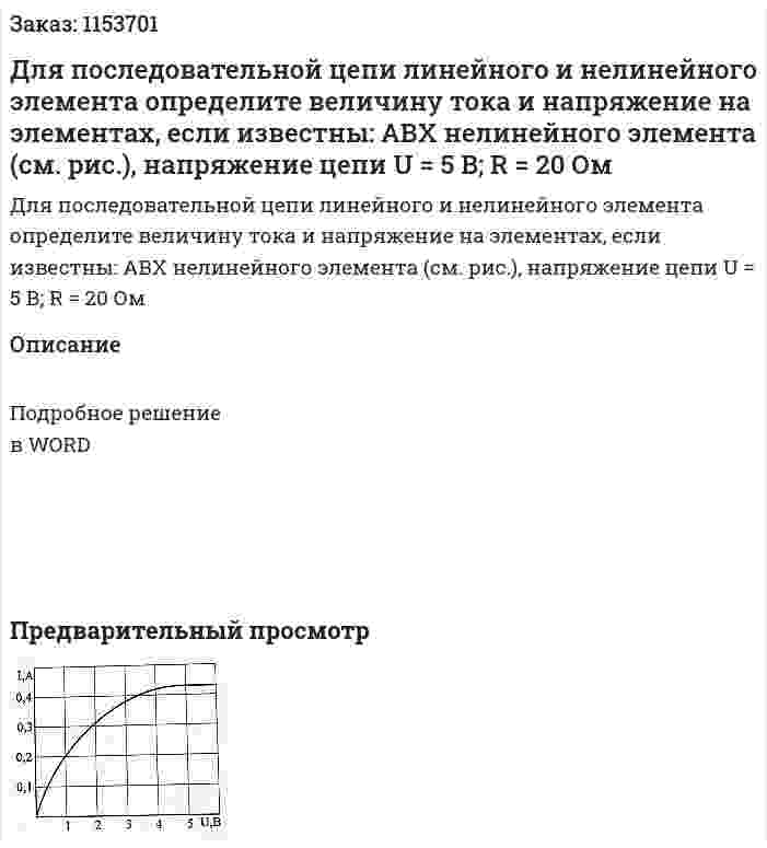 Для последовательной цепи линейного и нелинейного элемента определите величину тока и напряжение на элементах, если известны: АВХ нелинейного элемента (см. рис.), напряжение цепи U = 5 В; R = 20 Ом 