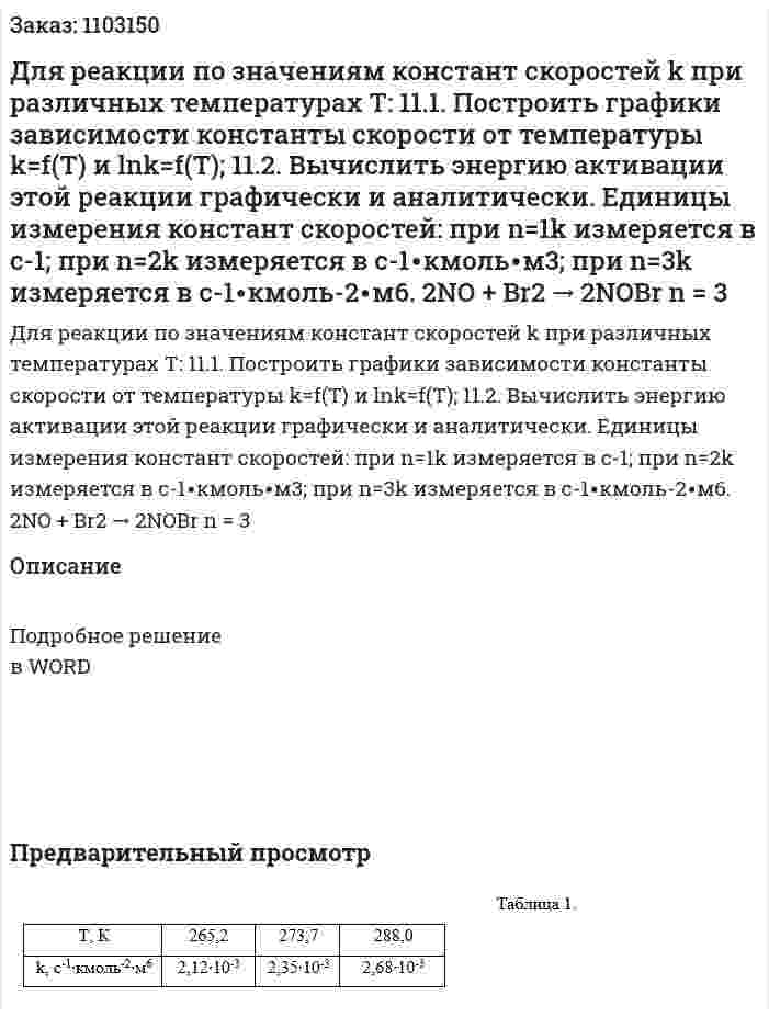Для реакции по значениям констант скоростей k при различных температурах Т:  11.1. Построить графики зависимости константы скорости от температуры k=f(T) и lnk=f(T);  11.2. Вычислить энергию активации этой реакции графически и аналитически.  Единицы измерения констант скоростей: при n=1k измеряется в с-1; при n=2k измеряется в с-1∙кмоль∙м3; при n=3k измеряется в с-1∙кмоль-2∙м6.  2NO + Br2 → 2NOBr    n = 3 
