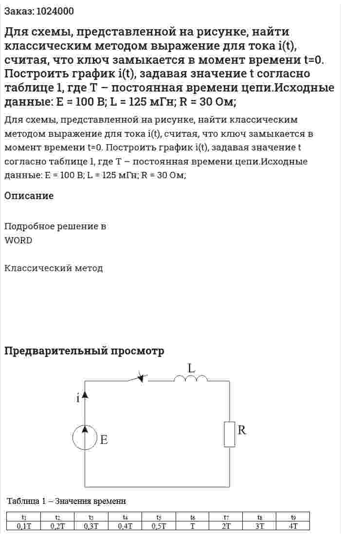 Для схемы, представленной на рисунке, найти классическим методом выражение для тока i(t), считая, что ключ замыкается в момент времени t=0. Построить график i(t), задавая значение t согласно таблице 1, где Т – постоянная времени цепи.Исходные данные: E = 100 B; L = 125 мГн; R = 30 Ом; 