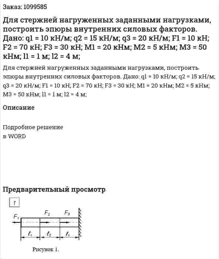Для стержней нагруженных заданными нагрузками, построить эпюры внутренних силовых факторов.  Дано: q1 = 10 кН/м; q2 = 15 кН/м; q3 = 20 кН/м; F1 = 10 кH; F2 = 70 кH; F3 = 30 кH; М1 = 20 кНм;  М2 = 5 кНм; М3 = 50 кНм;  l1 = 1 м;  l2 = 4 м;  