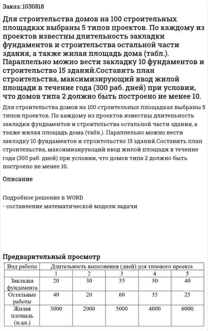 Для строительства домов на 100 строительных площадках выбраны 5 типов проектов. По каждому из проектов известны длительность закладки фундаментов и строительства остальной части здания, а также жилая площадь дома (табл.). Параллельно можно вести закладку 10 фундаментов и строительство 15 зданий.Составить план строительства, максимизирующий ввод жилой площади в течение года (300 раб. дней) при условии, что домов типа 2 должно быть построено не менее 10. 