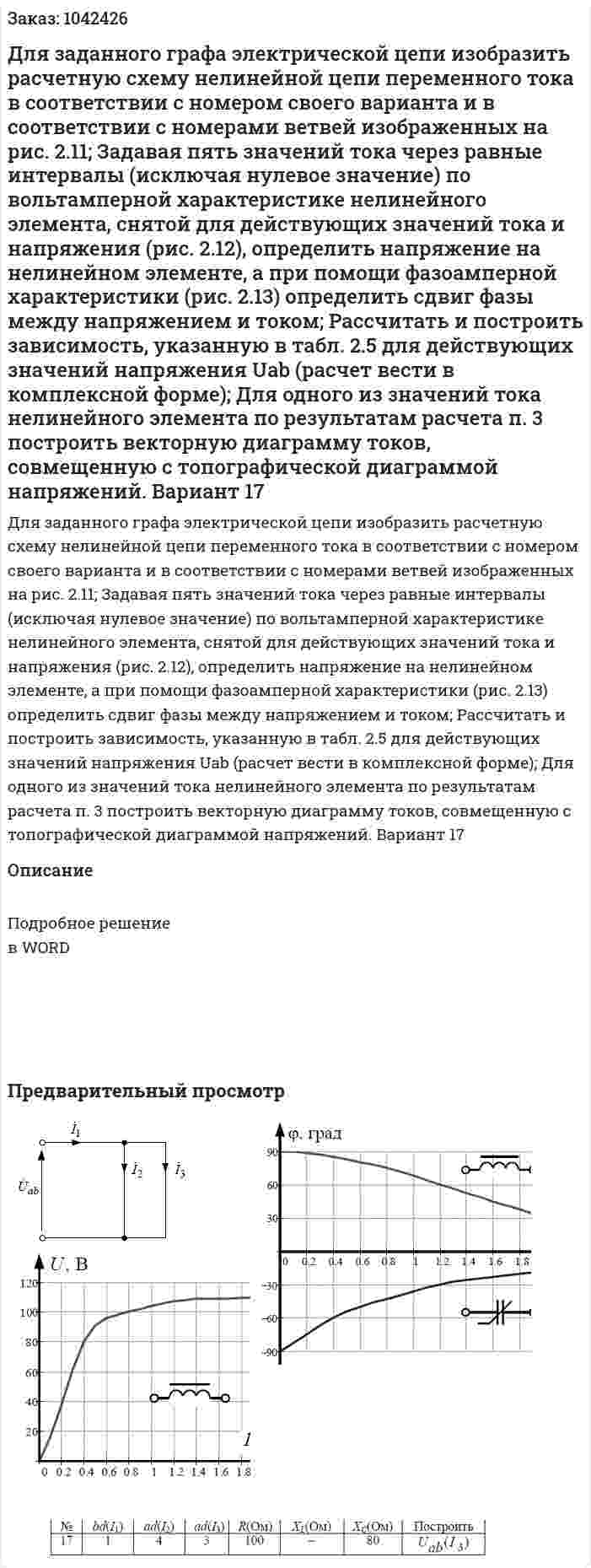 Для заданного графа электрической цепи изобразить расчетную схему нелинейной цепи переменного тока в соответствии с номером своего варианта и в соответствии с номерами ветвей изображенных на рис. 2.11; Задавая пять значений тока через равные интервалы (исключая нулевое значение) по вольтамперной характеристике нелинейного элемента, снятой для действующих значений тока и напряжения (рис. 2.12), определить напряжение на нелинейном элементе, а при помощи фазоамперной характеристики (рис. 2.13) определить сдвиг фазы между напряжением и током; Рассчитать и построить зависимость, указанную в табл. 2.5 для действующих значений напряжения Uab (расчет вести в комплексной форме); Для одного из значений тока нелинейного элемента по результатам расчета п. 3 построить векторную диаграмму токов, совмещенную с топографической диаграммой напряжений. Вариант 17 