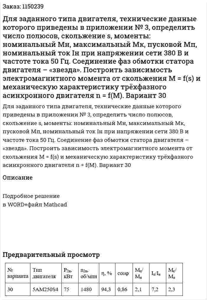 Для заданного типа двигателя, технические данные которого приведены в приложении № 3, определить число полюсов, скольжение s, моменты: номинальный Мн, максимальный Мк, пусковой Мп, номинальный ток Iн при напряжении сети 380 В и частоте тока 50 Гц. Соединение фаз обмотки статора двигателя – «звезда». Построить зависимость электромагнитного момента от скольжения М = f(s) и механическую характеристику трёхфазного асинхронного двигателя  n = f(М). Вариант 30 