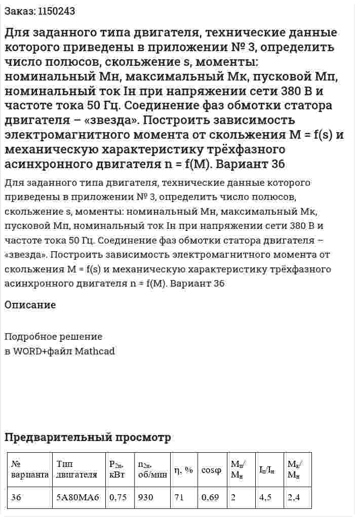 Для заданного типа двигателя, технические данные которого приведены в приложении № 3, определить число полюсов, скольжение s, моменты: номинальный Мн, максимальный Мк, пусковой Мп, номинальный ток Iн при напряжении сети 380 В и частоте тока 50 Гц. Соединение фаз обмотки статора двигателя – «звезда». Построить зависимость электромагнитного момента от скольжения М = f(s) и механическую характеристику трёхфазного асинхронного двигателя  n = f(М). Вариант 36 