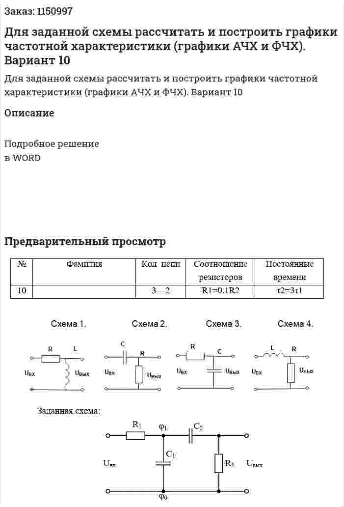 Для заданной схемы рассчитать и построить графики частотной характеристики (графики АЧХ и ФЧХ). Вариант 10 