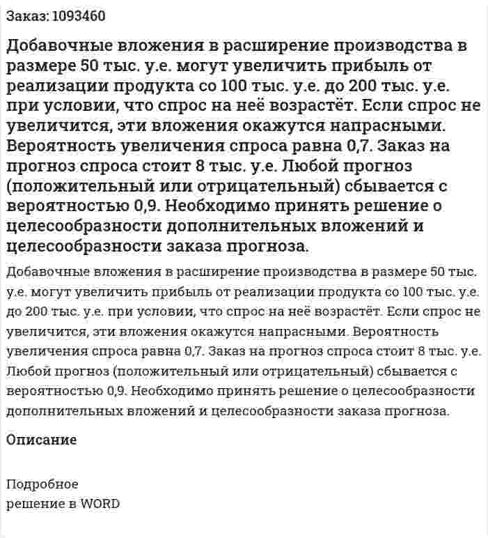 Добавочные вложения в расширение производства в размере 50 тыс. у.е. могут увеличить прибыль от реализации продукта со 100 тыс. у.е. до 200 тыс. у.е. при условии, что спрос на неё возрастёт.  Если спрос не увеличится, эти вложения окажутся напрасными.  Вероятность увеличения спроса равна 0,7. Заказ на прогноз спроса стоит 8 тыс. у.е. Любой прогноз (положительный или отрицательный) сбывается с вероятностью 0,9.  Необходимо принять решение о целесообразности дополнительных вложений и целесообразности заказа прогноза. 