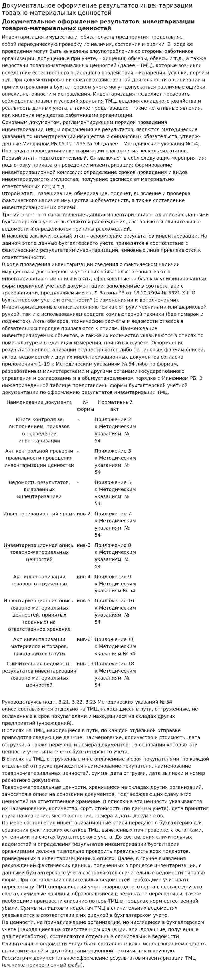 Документальное оформление результатов инвентаризации товарно-материальных ценностей