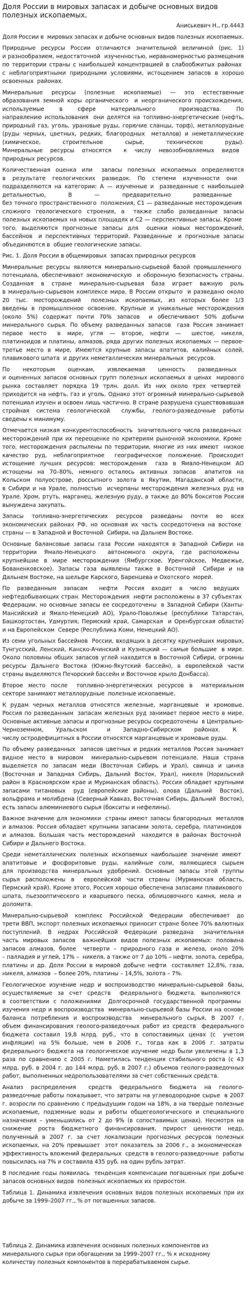 Доля России в мировых запасах и добыче основных видов полезных ископаемых.