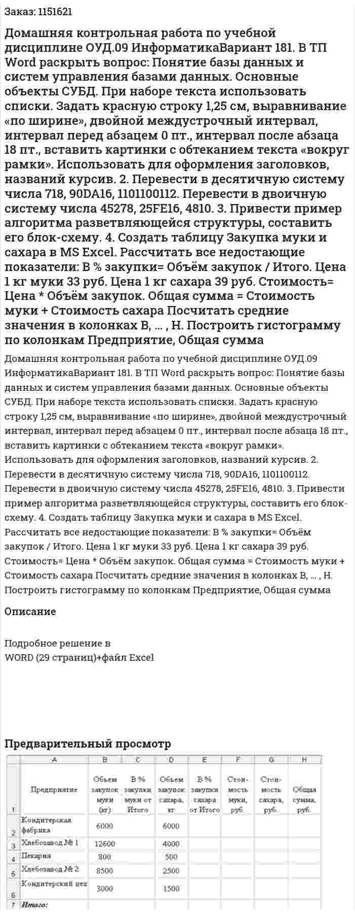 Домашняя контрольная работа по учебной дисциплине ОУД.09 ИнформатикаВариант 181. В ТП Word раскрыть вопрос:  Понятие базы данных и систем управления базами данных. Основные объекты СУБД. При наборе текста использовать списки. Задать красную строку 1,25 см, выравнивание «по ширине», двойной междустрочный интервал, интервал перед абзацем 0 пт.,  интервал после абзаца 18 пт., вставить картинки с обтеканием текста «вокруг рамки».  Использовать для оформления заголовков, названий курсив. 2. Перевести в десятичную систему числа 718, 90DA16, 1101100112. Перевести в двоичную систему числа 45278, 25FE16, 4810. 3. Привести пример алгоритма разветвляющейся структуры, составить его блок-схему. 4. Создать таблицу Закупка муки и сахара в MS Excel. Рассчитать все недостающие показатели: В % закупки= Объём закупок / Итого.  Цена 1 кг муки 33 руб.  Цена 1 кг сахара 39 руб.  Стоимость= Цена * Объём закупок. Общая сумма = Стоимость муки + Стоимость сахара Посчитать средние значения в колонках B, … , H. Построить гистограмму по колонкам Предприятие, Общая сумма 