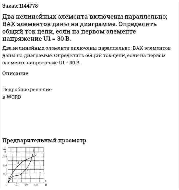 Два нелинейных элемента включены параллельно; ВАХ элементов даны на диаграмме. Определить общий ток цепи, если на первом элементе напряжение U1 = 30 В. 