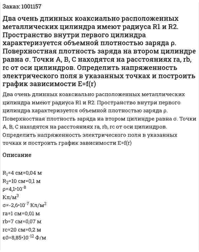 Два очень длинных коаксиально расположенных металлических цилиндра имеют радиуса R1 и R2. Пространство внутри первого цилиндра характеризуется объемной плотностью заряда ρ. Поверхностная плотность заряда на втором цилиндре равна σ. Точки А, В, С находятся на расстояниях ra, rb, rc от оси цилиндров. Определить напряженность электрического поля в указанных точках и построить график зависимости Е=f(r) 