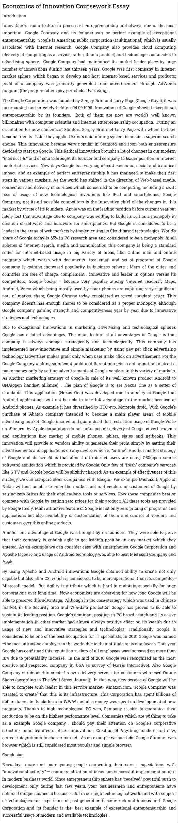 Economics of Innovation Coursework Essay