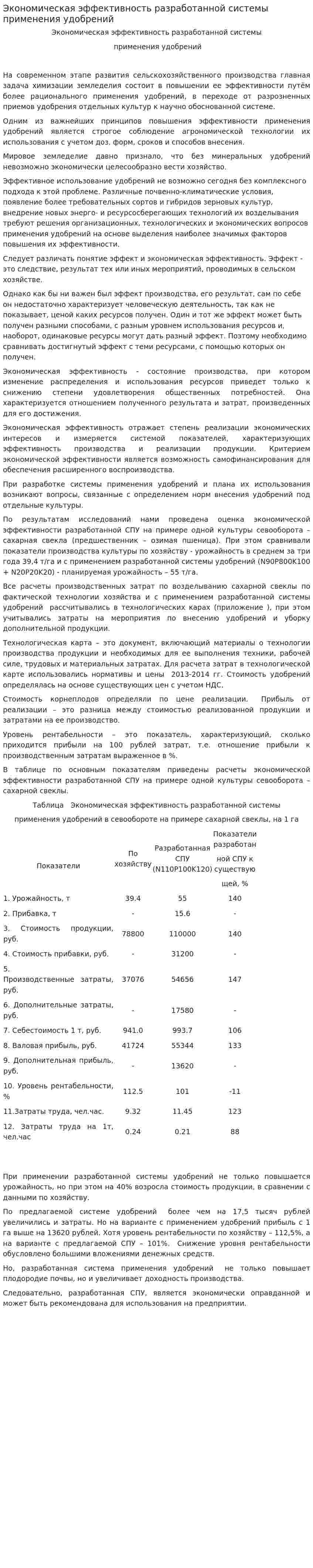 Экономическая эффективность разработанной системы применения удобрений