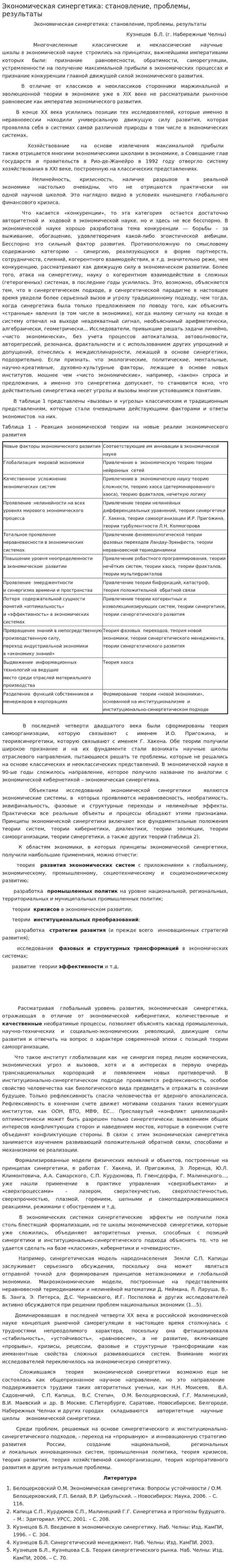 Экономическая синергетика: становление, проблемы, результаты