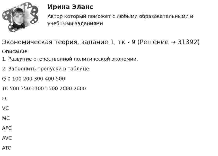     
          Описание
          1.    Развитие отечественной политической экономии.2.    Заполнить пропуски в таблице:Q       0      100      200      300     400      500TC   500    750      1100   1500   2000    2600FCVCMCAFCAVCATC    
            
            
            Экономическая теория (ДОУА)Тестовые вопросы к разделу 2Экономическая теория, задание 1, тк - 9Экономическая теория задание 2 Экономическая теория, Задание 2Экономическая теория. Комплексное задание (ОТВЕТЫ)Экономическая теория, магистратура |Тест|  Синергия, Московский институт предпринимательства,Экономическая теория. МикроэкономикаЭкономическая теория (ДОУА) Практическое занятие 1. Задания 1, 3 - 10Экономическая теория (ДОУА) Практическое занятие 2. Задания 1 - 10Экономическая теория (ДОУА) Практическое занятие 2. Задания 1 - 10Экономическая теория (ДОУА) Практическое занятие 2. Задания 1 - 10Экономическая теория (ДОУА) Практическое занятие 3Экономическая теория (ДОУА) тест 1Экономическая теория (ДОУА) Тест 2