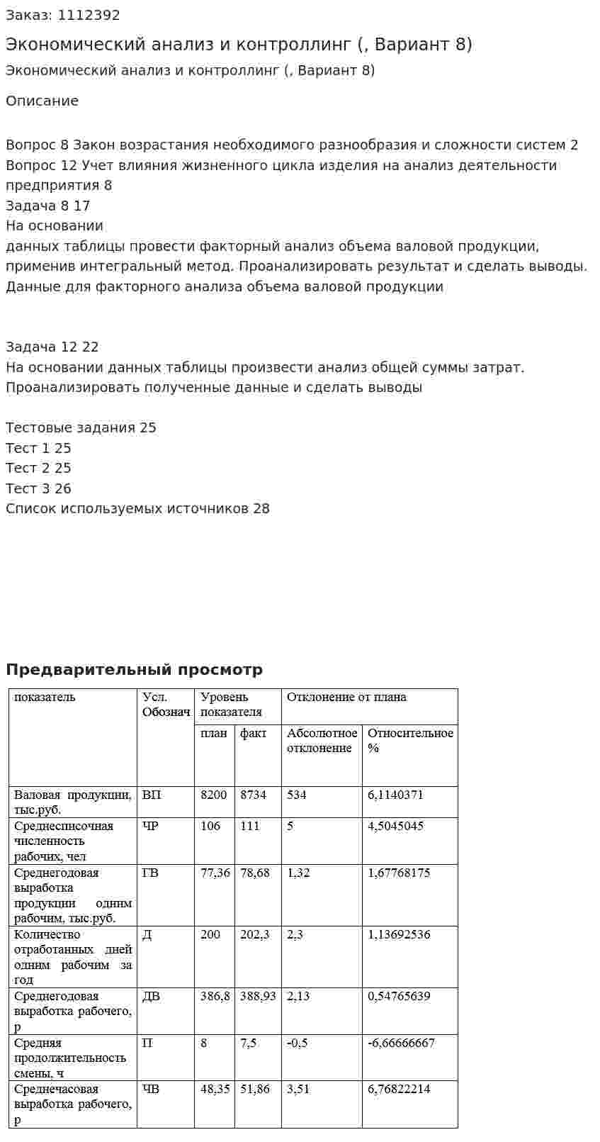 Экономический анализ и контроллинг (контрольная работа, Вариант 8) 