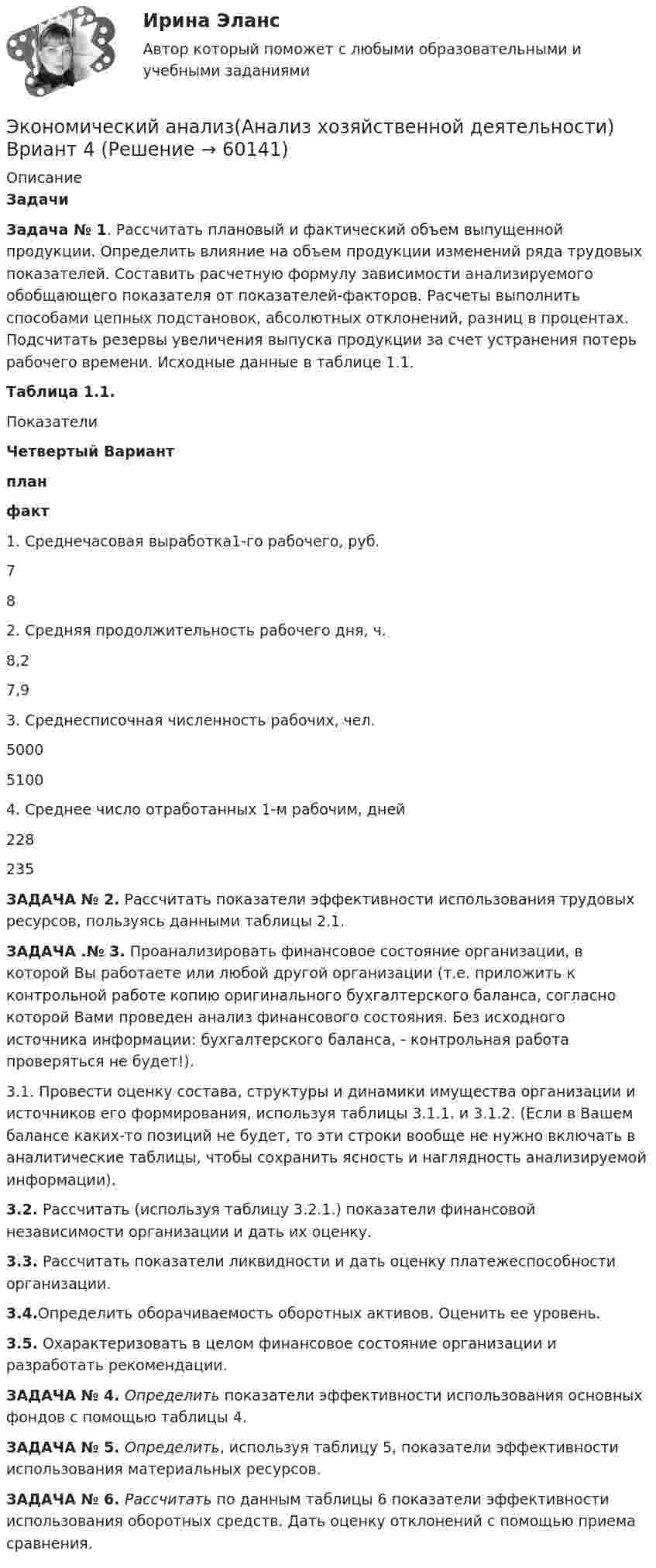     
            Описание
             Задачи Задача № 1. Рассчитать плановый и фактический объем выпущенной продукции. Определить влияние на объем продукции изменений ряда трудовых показателей. Составить расчетную формулу зависимости анализируемого обобщающего показателя от показателей-факторов. Расчеты выполнить способами цепных подстановок, абсолютных отклонений, разниц в процентах. Подсчитать резервы увеличения выпуска продукции за счет устранения потерь рабочего времени. Исходные данные в таблице 1.1. Таблица 1.1.  Показатели Четвертый Вариант план факт   1.     Среднечасовая выработка1-го рабочего, руб. 7 8   2.     Средняя продолжительность рабочего дня, ч. 8,2 7,9   3.     Среднесписочная численность рабочих, чел. 5000 5100   4.     Среднее число отработанных 1-м рабочим, дней 228 235 ЗАДАЧА № 2. Рассчитать показатели эффективности использования трудовых ресурсов, пользуясь данными таблицы 2.1. ЗАДАЧА .№ 3. Проанализировать финансовое состояние организации, в которой Вы работаете или любой другой организации (т.е. приложить к контрольной работе копию оригинального бухгалтерского баланса, согласно которой Вами проведен анализ финансового состояния. Без исходного источника информации: бухгалтерского баланса, - контрольная работа проверяться не будет!).	3.1. Провести оценку состава, структуры и динамики имущества организации и источников его формирования, используя таблицы 3.1.1. и 3.1.2. (Если в Вашем балансе каких-то позиций не будет, то эти строки вообще не нужно включать в аналитические таблицы, чтобы сохранить ясность и наглядность анализируемой информации). 3.2. Рассчитать (используя таблицу 3.2.1.) показатели финансовой независимости организации и дать их оценку. 3.3. Рассчитать показатели ликвидности и дать оценку платежеспособности организации. 3.4.Определить оборачиваемость оборотных активов. Оценить ее уровень. 3.5. Охарактеризовать в целом финансовое состояние организации и разработать рекомендации.   ЗАДАЧА № 4. Определить показатели эффективности использования основных фондов с помощью таблицы 4. ЗАДАЧА № 5. Определить, используя таблицу 5, показатели эффективности использования материальных ресурсов. ЗАДАЧА № 6. Рассчитать по данным таблицы 6 показатели эффективности использования оборотных средств. Дать оценку отклонений с помощью приема сравнения.   
            
            
            Экономический анализ(Анализ хозяйственной деятельности) Вариант 2Экономический анализ(Анализ хозяйственной деятельности) Вриант 4Экономический анализ деятельности банка, 35 вопросов (ответы на тест Синергия / МТИ / МОИ / МосАП)✅ Экономический анализ деятельности банка 44 вопроса СИНЕРГИЯ МТИ 2022Экономический анализ деятельности банка 6 семестр СИНЕРГИЯ ТЕСТ 💯 Экономический анализ деятельности банка (ответы на тест Синергия / МОИ / МТИ / МосАП, сентябрь 2023)Экономический анализ деятельности банка Ответы на тест Синергия МТИэкономический анализЭкономический анализЭкономический анализЭкономический анализЭкономический анализЭкономический анализЭкономический анализ