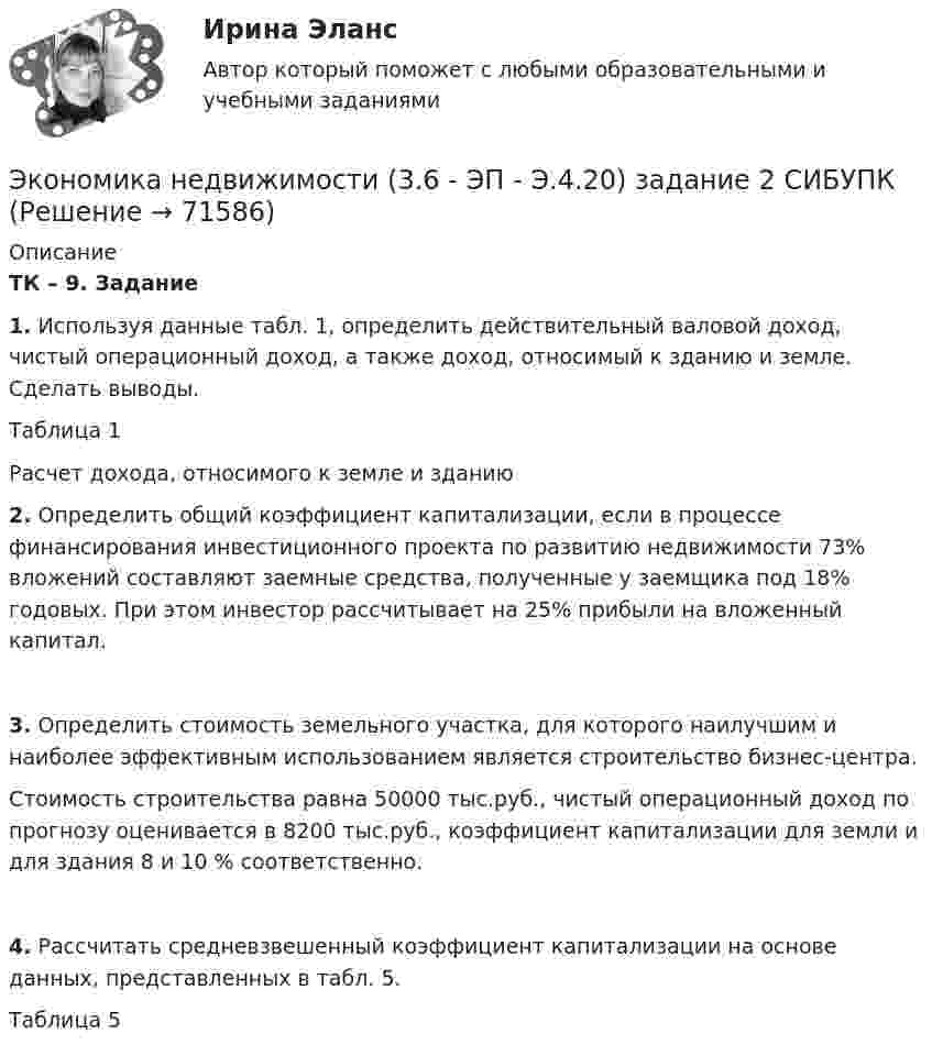      
            Описание
             ТК – 9. Задание 1. Используя данные табл. 1, определить действительный валовой доход, чистый операционный доход, а также доход, относимый к зданию и земле. Сделать выводы.	Таблица 1Расчет дохода, относимого к земле и зданию 2. Определить общий коэффициент капитализации, если в процессе финансирования инвестиционного проекта по развитию недвижимости 73% вложений составляют заемные средства, полученные у заемщика под 18% годовых. При этом инвестор рассчитывает на 25% прибыли на вложенный капитал. 3. Определить стоимость земельного участка, для которого наилучшим и наиболее эффективным использованием является строительство бизнес-центра.	Стоимость строительства равна 50000 тыс.руб., чистый операционный доход по прогнозу оценивается в 8200 тыс.руб., коэффициент капитализации для земли и для здания 8 и 10 % соответственно. 4. Рассчитать средневзвешенный коэффициент капитализации на основе данных, представленных в табл. 5. 	Таблица 5   
            
            
            Экономика ММУ 2024г.Экономика недвижимости (3.6 - ЭП - Э.4.20) задание 2 СИБУПКЭкономика недвижимости (3.6 - ЭП - Э.4.20)  СИБУПК ТК 7Экономика недвижимости (3.6 - ЭП - Э.4.20) ТК – 12. Задание СИБУПКЭкономика недвижимости (3.6 - ЭП - Э.4.20) ТК – 9. Задание   СИБУПК Экономика недвижимости  ВСЕ ЗАДАНИЯ Экономика недвижимости задание 1 СИБУПКЭкономика малого предпринимательства Экономика малого предпринимательства заданиеЭкономика малого предпринимательства задачаЭкономика малого предпринимательства Итоговый тест Экономика малого предпринимательства ИТОГОВЫЙ ТЕСТ Экономика машиностроения 6 семестр (тест с ответами) 75%экономика медицины