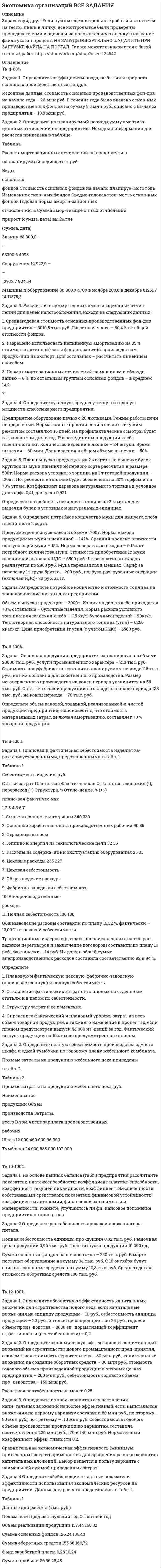 




Описание


Здравствуй, друг! Если нужны ещё контрольные работы или ответы на тесты, пиши в личку. Все контрольные были проверены преподавателями и оценены на положительную оценку в название файла указан процент, НЕ ЗАБУДЬ ОБЯЗАТЕЛЬНО % УДАЛИТЬ ПРИ ЗАГРУЗКЕ ФАЙЛА НА ПОРТАЛ




Оглавление


Задача 1. Определите коэффициенты ввода, выбытия и прироста основных производственных фондов.
Исходные данные: стоимость основных производственных фон¬дов на начало года – 20 млн руб. В течение года было введено основ¬ных производственных фондов на сумму 8,5 млн руб., списано с ба¬ланса предприятия – 10,8 млн руб.
Задача 2. Определите на планируемый период сумму амортиза-ционных отчислений по предприятию. Исходная информация для расчетов приведена в таблице.
Таблица
Расчет амортизационных отчислений по предприятию
на планируемый период, тыс. руб.
 
Виды
основных
фондов Стоимость основных фондов на начало планируе-мого года Изменение основ¬ных фондов Средне-годовая стои-мость основ-ных фондов Годовая норма аморти-зационных
отчисле-ний, % Сумма амор-тизаци-онных отчислений
прирост (сумма, дата) выбытие
(сумма, дата)
Здания 68 300,0 –
–
6 4098
Сооружения 12 922,0 –
–
7 904,5
Машины и оборудование 80 860,0 4700 в ноябре 200,8 в декабре 81234,9 14 11372,89
Компьютерная техника 10 400,5 2500 в марте 500 в августе 12067,17 20 2413.43
Транспортные средства 5 700,2 103,6 в мае 144,4
1 июля 5688,28 16 910,12
ИТОГО
Задача 3. Рассчитайте сумму годовых амортизационных отчис¬лений для целей налогообложения, исходя из следующих данных:
1. Среднегодовая стоимость основных производственных фон¬дов предприятия – 3010,8 тыс. руб. Пассивная часть – 80,4 % от общей стоимости фондов.
2. Разрешено использовать нелинейную амортизацию на 35 % стоимости активной части фондов, занятой производством продук¬ции на экспорт. Для остальных – рассчитать линейным способом.
3. Норма амортизационных отчислений по машинам и оборудо¬ванию – 6 %, по остальным группам основных фондов – в среднем 14,2 %.
Задача 4. Определите суточную, среднесуточную и годовую мощности хлебопекарного предприятия.
Предприятие оборудовано печью с 20 люльками. Режим работы печи непрерывный. Нормативные простои печи в связи с текущим ремонтом составляют 16 дней. На профилактические осмотры будет затрачено три дня в год. Развес единицы продукции хлеба пшеничного 1кг. Количество изделий в люльке – 24 штуки. Время выпечки – 60 мин. Доля изделия в общем объеме выпечки – 50%.
Задача 5. План выпуска продукции на 2 квартал по выпечке булок круглых из муки пшеничной первого сорта рассчитан в размере 500т. Норма расхода условного топлива на 1 т готовой продукции – 120кг. Потребность в топливе будет обеспечена на 30% торфом и на 70% углем. Коэффициент перевода натурального топлива в условное для торфа 0,41, для угля 0,921.
Определите потребность пекарни в топливе на 2 квартал для выпечки булок в условных и натуральных единицах.
Задача 6. Определите потребное количество муки для выпуска хлеба пшеничного 2 сорта.
Предусмотрен выпуск хлеба в объеме 1700т. Норма выхода продукции из муки пшеничной – 142%. Средний процент влажности поступающей муки – 15%. Норма возвратных отходов – 0,15% от потребного количества муки. Стоимость приобретения 1т муки пшеничной, включая НДС – 6500 руб.; 1 т возвратных отходов реализуется по 2900 руб. Мука перевозится в мешках. Тариф за перевозку 1т груза брутто – 200 руб., погрузо-разгрузочные операции (включая НДС)- 20 руб. за 1т.
Задача 7. Определите потребное количество и стоимость топлива на технологические нужды для предприятия.
Объем выпуска продукции – 3000т. Из них на долю хлеба приходится 70%, остальные – булочные изделия. Норма расхода условного топлива: для выпечки хлеба – 115 кг/т; булочных изделий – 90кг/т. Теплотворная способность натурального топлива (угля) – 6260 ккал/кг. Цена приобретения 1т угля (с учетом НДС) – 5580 руб.
 



            
            
            Задача 1 Определите коэффициенты ввода, выбытия и прироста основных производственных фондов. Исходные данные: стоимость основных производственных фондов на начало года – 20 млн. руб. В течение года было введено основных производственных фондов на сумму 8,5 млн. руб., списано с баланса предприятия – 10,8 млн. руб.Задача 1. Определите коэффициенты ввода, выбытия и прироста основных производственных фондов. Исходные данные: стоимость основных производственных фон-дов на начало года – 20 млн руб. В течение года было введено основ-ных производственных фондов на сумму 8,5 млн руб., списано с ба-ланса предприятия – 10,8 млн руб.Задача 1. Определите коэффициенты ввода, выбытия и прироста основных производственных фондов. Исходные данные: стоимость основных производственных фон¬дов на начало года – 20 млн руб. В течение года было введено основ¬ных производственных фондов на сумму 8,5 млн руб., списано с ба¬ланса предприятия – 10,8 млн руб.Задача 1. Определите коэффициенты ввода, выбытия и прироста основных производственных фондов. Исходные данные: стоимость основных производственных фон-дов на начало года – 20 млн руб. В течение года было введено основ-ных производственных фондов на сумму 8,5 млн руб., списано с ба-ланса предприятия – 10,8 млн руб.. 2Задача 1. Определите норматив товарных запасов в сумме и днях по кварталам планируемого года по магазину на основе следующих данных:Задача 1. Определите норматив товарных запасов в сумме и днях по кварталам планируемого года по магазину на основе следующих данных: 1. Норматив товарных запасов на IV квартал планируемого года - 42 дня, на IV квартал предшествующего года – 40 дней. 2. Плановый товарооборот магазина (тыс. р.): IV квартал предшествующего года 12 680Задача 1. Определите оптимальный, минимальный объем продаж и запас финансовой прочности. В бизнес-плане торговой организации на планируемый год предусмотрено получить прибыль в сумме 1540 тыс. р. Условно-постоянные издержки обращения составят 1308 тыс. р. Условно-переменные издержки обращения по данным анализа и с учетом факторов, определяющих изменение их уровня, прогнозируются в размере 10,4% к обороту. Уровень доходов от реализации товаров составит 23,06% к обороту.. 2Задача 1 Определение реакций связей составной конструкцииЗадача 1. Определите абсолютную эффективность капитальных вложений для строительства нового цеха, если капитальные вложе¬ния на единицу продукции – 10 руб., себестоимость единицы продукции – 20 руб., оптовая цена предприятия 24 руб., годовой объем произ¬водства – 8880 ед., нормативный коэффициент эффективности (рен¬табельности) – 0,2.Задача 1. Определите абсолютную эффективность капитальных вложений для строительства нового цеха, если капитальные вложе¬ния на единицу продукции – 10 руб., себестоимость единицы продукции – 20 руб., оптовая цена предприятия 24 руб., годовой объем произ¬водства – 8880 ед., нормативный коэффициент эффективности (рен¬табельности) – 0,2.. 2Задача 1 Определите коэффициенты ввода, выбытия и прироста основных производственных фондов. Исходные данные: стоимость основных производственных фондов на начало года – 120 млн. р; в течение года было введено основных производственных фондов на сумму 17,9 млн р., списано с баланса предприятия – 15,3 млн р.. 2Задача 1 Определите коэффициенты ввода, выбытия и прироста основных производственных фондов. Исходные данные: стоимость основных производственных фондов на начало года – 120 млн. р; в течение года было введено основных производственных фондов на сумму 17,9 млн р., списано с баланса предприятия – 15,3 млн р.. 3Задача 1 Определите коэффициенты ввода, выбытия и прироста основных производственных фондов. Исходные данные: стоимость основных производственных фондов на начало года – 120 млн. р; в течение года было введено основных производственных фондов на сумму 17,9 млн р., списано с баланса предприятия – 15,3 млн р.. 4Задача 1 Определите коэффициенты ввода, выбытия и прироста основных производственных фондов. Исходные данные: стоимость основных производственных фондов на начало года – 120 млн. р; в течение года было введено основных производственных фондов на сумму 17,9 млн р., списано с баланса предприятия – 15,3 млн р.. 5