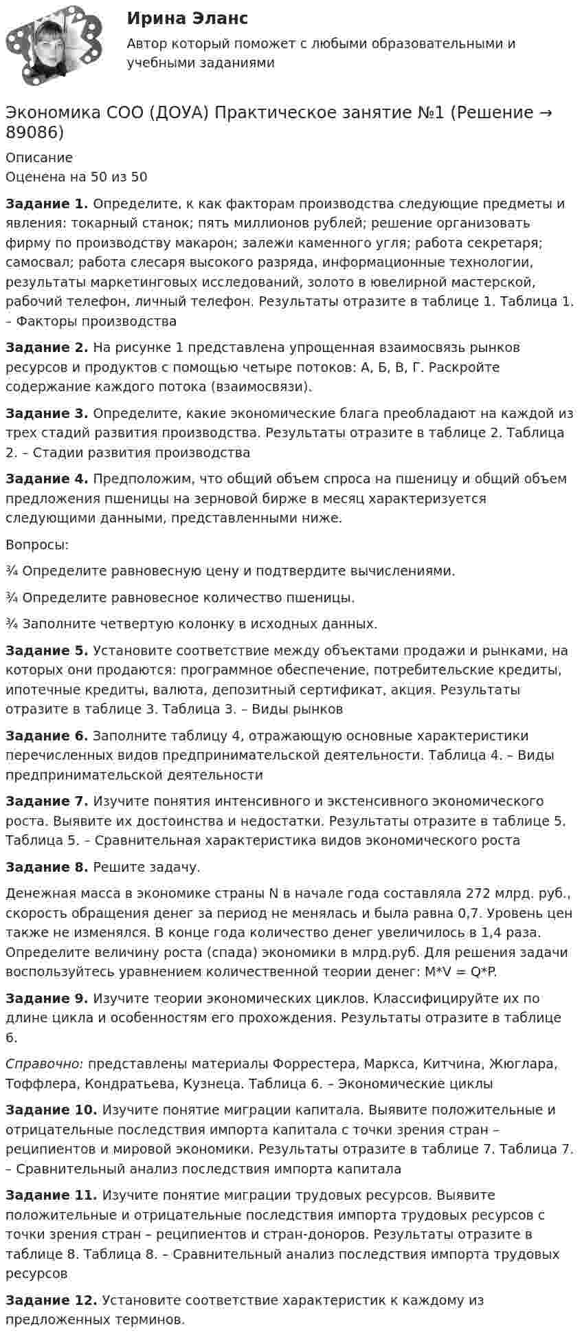     
            Описание
            Оценена на 50 из 50Задание 1. Определите, к как факторам производства следующие предметы и явления: токарный станок; пять миллионов рублей; решение организовать фирму по производству макарон; залежи каменного угля; работа секретаря; самосвал; работа слесаря высокого разряда, информационные технологии, результаты маркетинговых исследований, золото в ювелирной мастерской, рабочий телефон, личный телефон. Результаты отразите в таблице 1. Таблица 1. – Факторы производстваЗадание 2. На рисунке 1 представлена упрощенная взаимосвязь рынков ресурсов и продуктов с помощью четыре потоков: А, Б, В, Г. Раскройте содержание каждого потока (взаимосвязи).Задание 3. Определите, какие экономические блага преобладают на каждой из трех стадий развития производства. Результаты отразите в таблице 2. Таблица 2. – Стадии развития производства Задание 4. Предположим, что общий объем спроса на пшеницу и общий объем предложения пшеницы на зерновой бирже в месяц характеризуется следующими данными, представленными ниже.Вопросы:¾    Определите равновесную цену и подтвердите вычислениями.¾    Определите равновесное количество пшеницы.¾    Заполните четвертую колонку в исходных данных.  Задание 5. Установите соответствие между объектами продажи и рынками, на которых они продаются: программное обеспечение, потребительские кредиты, ипотечные кредиты, валюта, депозитный сертификат, акция. Результаты отразите в таблице 3. Таблица 3. – Виды рынковЗадание 6. Заполните таблицу 4, отражающую основные характеристики перечисленных видов предпринимательской деятельности. Таблица 4. – Виды предпринимательской деятельностиЗадание 7. Изучите понятия интенсивного и экстенсивного экономического роста. Выявите их достоинства и недостатки. Результаты отразите в таблице 5. Таблица 5. – Сравнительная характеристика видов экономического ростаЗадание 8. Решите задачу.Денежная масса в экономике страны N в начале года составляла 272 млрд. руб., скорость обращения денег за период не менялась и была равна 0,7. Уровень цен также не изменялся. В конце года количество денег увеличилось в 1,4 раза. Определите величину роста (спада) экономики в млрд.руб. Для решения задачи воспользуйтесь уравнением количественной теории денег: M*V = Q*P. Задание 9. Изучите теории экономических циклов. Классифицируйте их по длине цикла и особенностям его прохождения. Результаты отразите в таблице 6. Справочно: представлены материалы Форрестера, Маркса, Китчина, Жюглара, Тоффлера, Кондратьева, Кузнеца. Таблица 6. – Экономические циклыЗадание 10. Изучите понятие миграции капитала. Выявите положительные и отрицательные последствия импорта капитала с точки зрения стран – реципиентов и мировой экономики. Результаты отразите в таблице 7. Таблица 7. – Сравнительный анализ последствия импорта капиталаЗадание 11. Изучите понятие миграции трудовых ресурсов. Выявите положительные и отрицательные последствия импорта трудовых ресурсов с точки зрения стран – реципиентов и стран-доноров. Результаты отразите в таблице 8. Таблица 8. – Сравнительный анализ последствия импорта трудовых ресурсовЗадание 12. Установите соответствие характеристик к каждому из предложенных терминов.   
            
            
            Экономика СОО (ДОУА) НСПК Практическое занятие №1 Экономика СОО (ДОУА) Практическое занятие №1ЭКОНОМИКА СОО (ДОУА) Практическое занятие №1Экономика СОО Практическое занятие №1Экономика СОО Тест 1 (тестовые вопросы к разделу 1) НСПК после 9 классаЭкономика СОО Тест 2 (тестовые вопросы к разделу 2) НСПК после 9 классаЭкономика СОО Тест 3 (тестовые вопросы к разделу 3) НСПК после 9 классаЭкономика/СИНЕРГИЯ//МОСАП//МОИ//МТИЭкономика Синергия МТИ МОСАП Ответы на тесты для самопроверки 1-19, итоговый и компетентностный тестэкономика. синергия. ответы. 200 вопросов.Экономика. Синергия. 🔥 Ответы на КОМПЕТЕНТНОСТНЫЙ ТЕСТ 🔥Экономика. Синергия. Ответы на КОМПЕТЕНТНОСТНЫЙ ТЕСТЭкономика синергия ответы на тесты Экономика современного образования (Темы 1-5) тест с ответами Магистратура Синергия