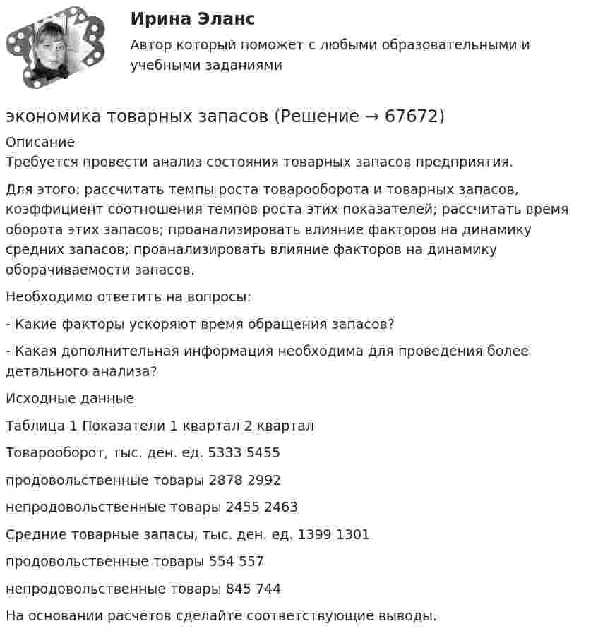     
            Описание
             	Требуется провести анализ состояния товарных запасов предприятия.	Для этого: рассчитать темпы роста товарооборота и товарных запасов, коэффициент соотношения темпов роста этих показателей; рассчитать время оборота этих запасов; проанализировать влияние факторов на динамику средних запасов; проанализировать влияние факторов на динамику оборачиваемости запасов.	Необходимо ответить на вопросы:	- Какие факторы ускоряют время обращения запасов?	- Какая дополнительная информация необходима для проведения более детального анализа? Исходные данныеТаблица 1  Показатели 1 квартал 2 квартал   Товарооборот, тыс. ден. ед. 5333 5455   продовольственные товары 2878 2992   непродовольственные товары 2455 2463   Средние товарные запасы, тыс. ден. ед. 1399 1301   продовольственные товары 554 557   непродовольственные товары 845 744   	На основании расчетов сделайте соответствующие выводы.   
            
            
            Экономика (тест с ответами) 82%экономика товарных запасовэкономика трудаЭкономика трудаЭкономика трудаЭкономика трудаЭКОНОМИКА ТРУДА💯 Экономика [темы 1-19] (правильные ответы на тесты Синергия / МОИ / МТИ / МосАП, август 2023)Экономика (темы 5-8) тест с ответами Синергия/МОИ/ МТИ /МОСАПЭкономика (темы 5-9) тест с ответами Синергия/МОИ/ МТИ /МОСАПЭкономика. Тест. Общие основы экономического развития.  Основы теории спроса и предложения. Теория потребительского поведения. Издержки производства. Предприятие в условиях совершенной конкуренции.  Рынок факторов производства.Экономика тест ответы на вопросы СинергияЭкономика (тест Синергия)экономика тест синергия ответы  синергия