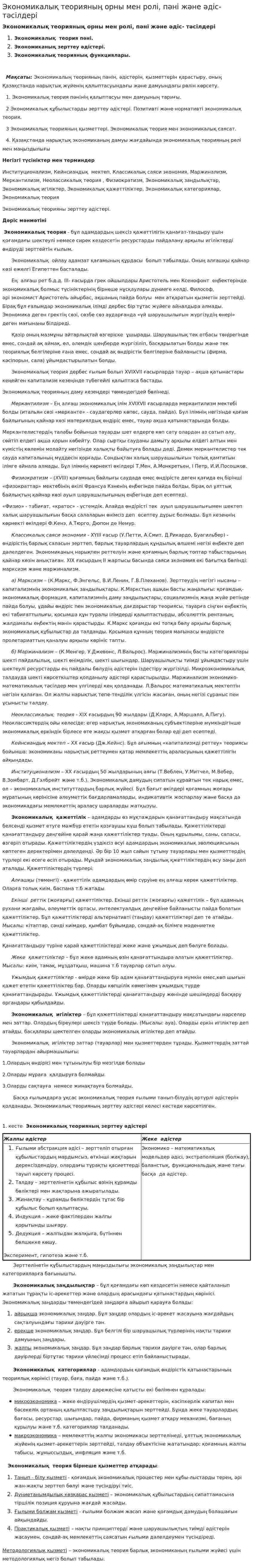 Экономикалық теорияның орны мен ролі, пәні және әдіс- тәсілдері
