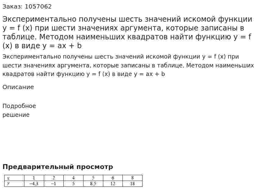 Экспериментально получены шесть значений искомой функции y = f (x) при шести значениях аргумента, которые записаны в таблице. Методом наименьших квадратов найти функцию y = f (x) в виде y = ax + b 