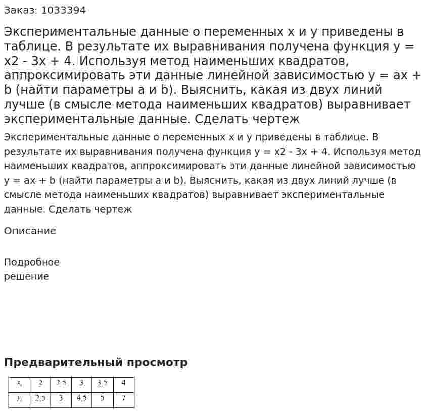 Экспериментальные данные о переменных x и y приведены в таблице. В результате их выравнивания получена функция y = x2 - 3x + 4. Используя метод наименьших квадратов, аппроксимировать эти данные линейной зависимостью y = ax + b (найти параметры a и b). Выяснить, какая из двух линий лучше (в смысле метода наименьших квадратов) выравнивает экспериментальные данные. Сделать чертеж 