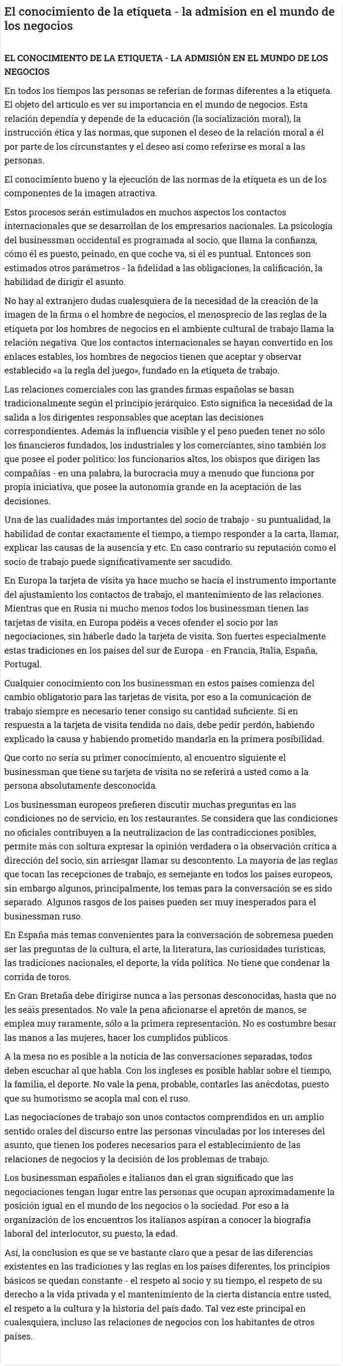 El conocimiento de la etiqueta - la admision en el mundo de los negocios