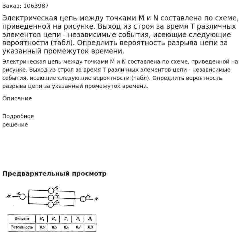 Электрическая цепь между точками М и N составлена по схеме, приведенной на рисунке. Выход из строя за время Т различных элементов цепи - независимые события, исеющие следующие вероятности (табл). Опредлить вероятность разрыва цепи за указанный промежуток времени. 