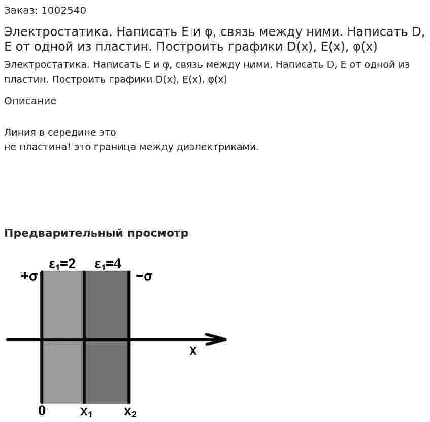 Электростатика. Написать E и φ, связь между ними. Написать D, E от одной из пластин. Построить графики D(x), E(x), φ(x) 