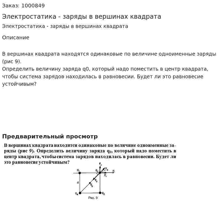 Электростатика  - заряды в вершинах квадрата 