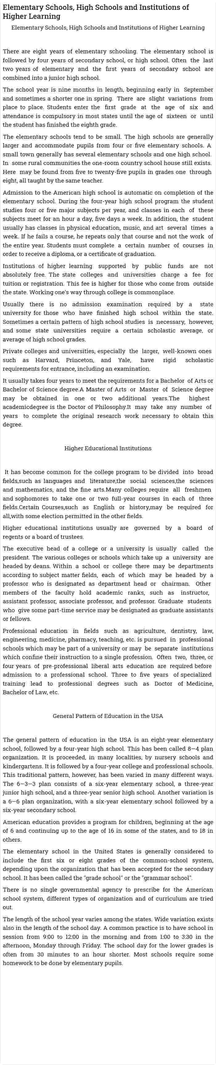 Elementary Schools, High Schools and Institutions of Higher Learning
