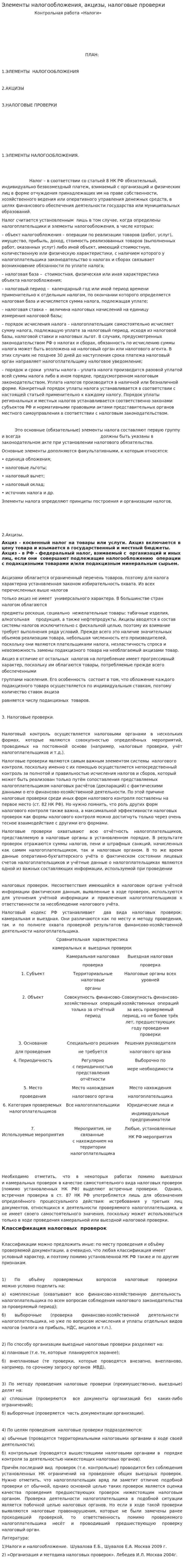 Элементы налогообложения, акцизы, налоговые проверки