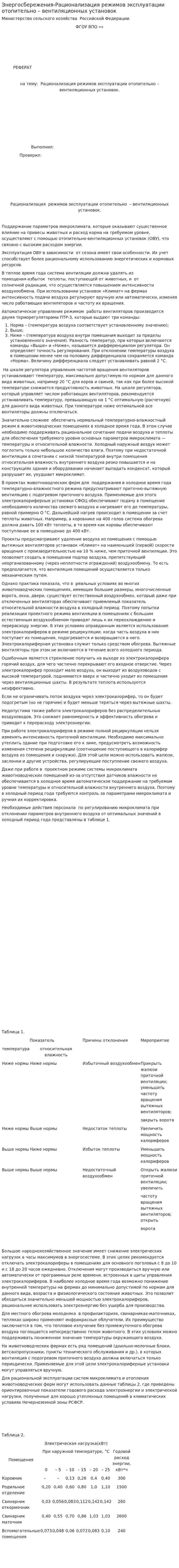 Энергосбережения-Рационализация режимов эксплуатации отопительно – вентиляционных установок