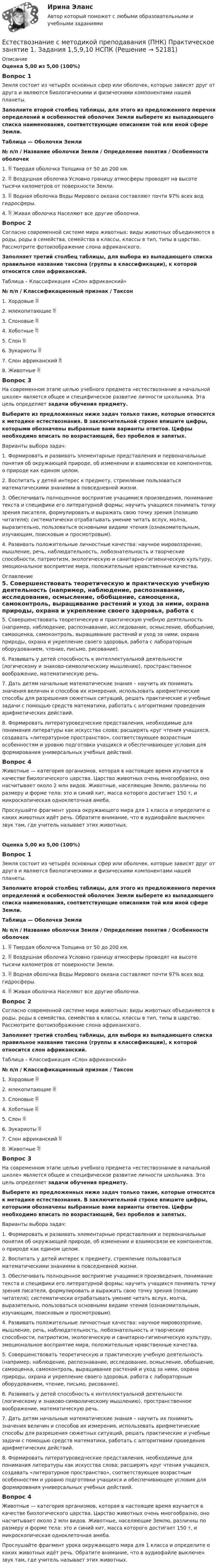      
            Описание
            Оценка 5,00 из 5,00 (100%)Вопрос 1Земля состоит из четырёх основных сфер или оболочек, которые зависят друг от друга и являются биологическими и физическими компонентами нашей планеты. Заполните второй столбец таблицы, для этого из предложенного перечня определений и особенностей оболочек Земли выберете из выпадающего списка наименования, соответствующие описаниям той или иной сфере Земли.Таблица — Оболочки Земли№ п/п  / Название оболочки Земли  /  Определение понятия  /  Особенности оболочек1.  Твердая оболочка Толщина от 50 до 200 км. 2.  Воздушная оболочка Условно границу атмосферы проводят на высоте тысячи километров от поверхности Земли. 3.  Водная оболочка Воды Мирового океана составляют почти 97% всех вод гидросферы. 4.  Живая оболочка Населяют все другие оболочки. Вопрос 2Согласно современной системе мира животных: виды животных объединяются в роды, роды в семейства, семейства в классы, классы в тип, типы в царство. Рассмотрите фотоизображение слона африканского.Заполняет третий столбец таблицы, для выбора из выпадающего списка правильное название таксона (группы в классификации), к которой относится слон африканский.Таблица – Классификация «Слон африканский» № п/п    /     Классификационный признак    /      Таксон 1.    Хордовые  2.    млекопитающие  3.    Слоновые  4.    Хоботные  5.    Слон  6.    Эукариоты  7.    Слон африканский  8.    Животные  Вопрос 3На современном этапе целью учебного предмета «естествознание в начальной школе» является общее и специфическое развитие личности школьника. Эта цель определяет задачи обучения предмету.Выберите из предложенных ниже задач только такие, которые относятся к методике естествознания. В заключительной строке впишите цифры, которыми обозначены выбранные вами варианты ответов. Цифры необходимо вписать по возрастающей, без пробелов и запятых. Варианты выбора задач:1. Формировать и развивать элементарные представления и пер­воначальные понятия об окружающей природе, об изменении и вза­имосвязи ее компонентов, о природе как едином целом.2.  Воспитать у детей интерес к предмету, стремление пользоваться математическими знаниями в повседневной жизни.3. Обеспечивать полноценное восприятие учащимися произведения, понимание текста и специфики его литературной формы; научить учащихся понимать точку зрения писателя, формулировать и выражать свою точку зрения (позицию читателя); систематически отрабатывать умение читать вслух, молча, выразительно, пользоваться основными видами чтения (ознакомительным, изучающим, поисковым и просмотровым).4. Развивать положительные личностные качества: научное мировоззрение, мышление, речь, наблюдательность, любознательность и творческие способности, патриотизм, экологическую и санитарно-гигиеническую культуру, эмоциональное восприятие мира, положительные нравственные качества. 
            Оглавление
            5. Совершенствовать теоретическую и практическую учебную дея­тельность (например, наблюдение, распознавание, исследование, осмысление, обобщение, самооценка, самоконтроль, выращивание растений и уход за ними, охрана природы, охрана и укрепление своего здоровья, работа с лабораторным оборудованием, чтение, письмо, рисование).6. Развивать у детей способность к интеллектуальной деятельности (логическому и знаково-символическому мышлению), пространственное воображение, математическую речь.7.  Дать детям начальные математические знания – научить их понимать значения величин и способов их измерения, использовать арифметические способы для разрешения сюжетных ситуаций, решать практические и учебные задачи с помощью средств математики, работать с алгоритмами проведения арифметических действий.8. Формировать литературоведческие представления, необходимые для понимания литературы как искусства слова; расширять круг чтения учащихся, создавать «литературное пространство», соответствующее возрастным особенностям и уровню подготовки учащихся и обеспечивающее условия для формирования универсальных учебных действий.Вопрос 4Животные — категория организмов, которая в настоящее время изучается в качестве биологического царства. Царство животных очень многообразно, оно насчитывает около 2 млн видов. Животные, населяющие Землю, различны по размеру и форме тела: это и синий кит, масса которого достигает 150 т, и микроскопическая одноклеточная амеба.Прослушайте фрагмент урока окружающего мира для 1 класса и определите о каких животных идёт речь. Обратите внимание, что в аудиофайле выключен звук там, где учитель называет этих животных. Оценка 5,00 из 5,00 (100%)Вопрос 1Земля состоит из четырёх основных сфер или оболочек, которые зависят друг от друга и являются биологическими и физическими компонентами нашей планеты. Заполните второй столбец таблицы, для этого из предложенного перечня определений и особенностей оболочек Земли выберете из выпадающего списка наименования, соответствующие описаниям той или иной сфере Земли.Таблица — Оболочки Земли№ п/п  / Название оболочки Земли  /  Определение понятия  /  Особенности оболочек1.  Твердая оболочка Толщина от 50 до 200 км. 2.  Воздушная оболочка Условно границу атмосферы проводят на высоте тысячи километров от поверхности Земли. 3.  Водная оболочка Воды Мирового океана составляют почти 97% всех вод гидросферы. 4.  Живая оболочка Населяют все другие оболочки. Вопрос 2Согласно современной системе мира животных: виды животных объединяются в роды, роды в семейства, семейства в классы, классы в тип, типы в царство. Рассмотрите фотоизображение слона африканского.Заполняет третий столбец таблицы, для выбора из выпадающего списка правильное название таксона (группы в классификации), к которой относится слон африканский.Таблица – Классификация «Слон африканский» № п/п    /     Классификационный признак    /      Таксон 1.    Хордовые  2.    млекопитающие  3.    Слоновые  4.    Хоботные  5.    Слон  6.    Эукариоты  7.    Слон африканский  8.    Животные  Вопрос 3На современном этапе целью учебного предмета «естествознание в начальной школе» является общее и специфическое развитие личности школьника. Эта цель определяет задачи обучения предмету.Выберите из предложенных ниже задач только такие, которые относятся к методике естествознания. В заключительной строке впишите цифры, которыми обозначены выбранные вами варианты ответов. Цифры необходимо вписать по возрастающей, без пробелов и запятых. Варианты выбора задач:1. Формировать и развивать элементарные представления и пер­воначальные понятия об окружающей природе, об изменении и вза­имосвязи ее компонентов, о природе как едином целом.2.  Воспитать у детей интерес к предмету, стремление пользоваться математическими знаниями в повседневной жизни.3. Обеспечивать полноценное восприятие учащимися произведения, понимание текста и специфики его литературной формы; научить учащихся понимать точку зрения писателя, формулировать и выражать свою точку зрения (позицию читателя); систематически отрабатывать умение читать вслух, молча, выразительно, пользоваться основными видами чтения (ознакомительным, изучающим, поисковым и просмотровым).4. Развивать положительные личностные качества: научное мировоззрение, мышление, речь, наблюдательность, любознательность и творческие способности, патриотизм, экологическую и санитарно-гигиеническую культуру, эмоциональное восприятие мира, положительные нравственные качества.5. Совершенствовать теоретическую и практическую учебную дея­тельность (например, наблюдение, распознавание, исследование, осмысление, обобщение, самооценка, самоконтроль, выращивание растений и уход за ними, охрана природы, охрана и укрепление своего здоровья, работа с лабораторным оборудованием, чтение, письмо, рисование).6. Развивать у детей способность к интеллектуальной деятельности (логическому и знаково-символическому мышлению), пространственное воображение, математическую речь.7.  Дать детям начальные математические знания – научить их понимать значения величин и способов их измерения, использовать арифметические способы для разрешения сюжетных ситуаций, решать практические и учебные задачи с помощью средств математики, работать с алгоритмами проведения арифметических действий.8. Формировать литературоведческие представления, необходимые для понимания литературы как искусства слова; расширять круг чтения учащихся, создавать «литературное пространство», соответствующее возрастным особенностям и уровню подготовки учащихся и обеспечивающее условия для формирования универсальных учебных действий.Вопрос 4Животные — категория организмов, которая в настоящее время изучается в качестве биологического царства. Царство животных очень многообразно, оно насчитывает около 2 млн видов. Животные, населяющие Землю, различны по размеру и форме тела: это и синий кит, масса которого достигает 150 т, и микроскопическая одноклеточная амеба.Прослушайте фрагмент урока окружающего мира для 1 класса и определите о каких животных идёт речь. Обратите внимание, что в аудиофайле выключен звук там, где учитель называет этих животных.  
            
            
            Естествознание с методикой преподавания (ПНК) Практическое занятие 1. Задания 1,5,9,10Естествознание с методикой преподавания (ПНК) Практическое занятие 1. Задания 1,5,9,10  НСПКЕстествознание с методикой преподавания (ПНК) Практическое занятие 2. Задание 3Естествознание с методикой преподавания (ПНК) Практическое занятие 2. Задание 5Естествознание с методикой преподавания (ПНК) Практическое занятие 2. Задание 9Естествознание с методикой преподавания (ПНК) Практическое занятие 2. Задания 4, 6, 10Естествознание с методикой преподавания (ПНК) Практическое занятие 2. Задания 4, 6, 10   НСПКЕстествознание с методикой преподавания (ПНК)Естествознание с методикой преподавания (ПНК)Естествознание с методикой преподавания (ПНК) Комплексное заданиеЕстествознание с методикой преподавания (ПНК) Комплексное задание  НСПКЕстествознание с методикой преподавания (ПНК) Комплексное задание  НСПКЕстествознание с методикой преподавания (ПНК) Практическое занятие 1. Задание 2Естествознание с методикой преподавания (ПНК) Практическое занятие 1. Задание 3