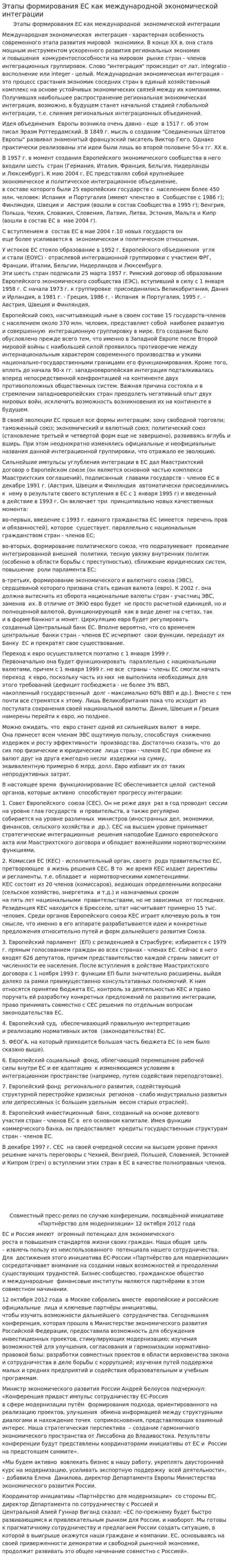 Этапы формирования ЕС как международной экономической интеграции