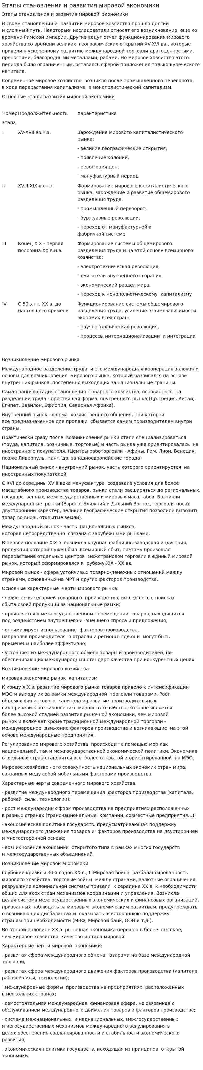 Этапы становления и развития мировой экономики