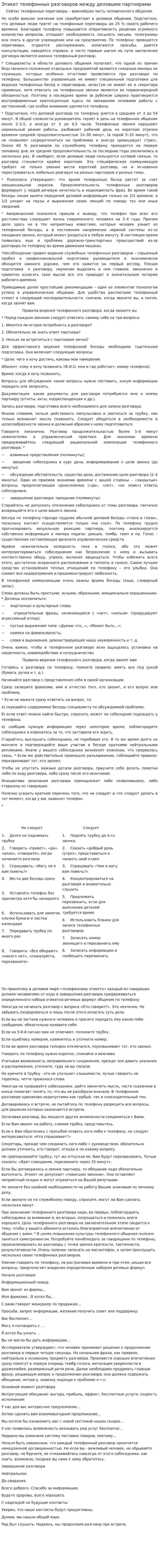 Этикет телефонных разговоров между деловыми партнерами