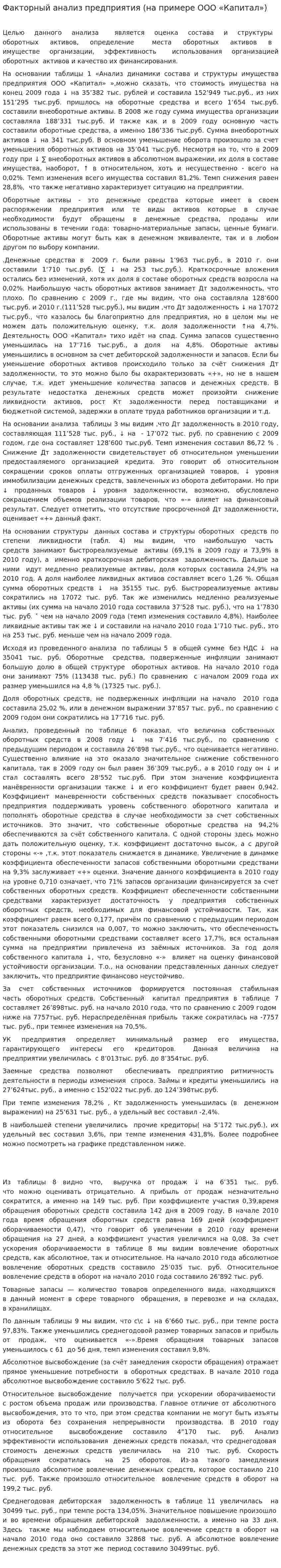 Факторный анализ предприятия (на примере ООО «Капитал»)